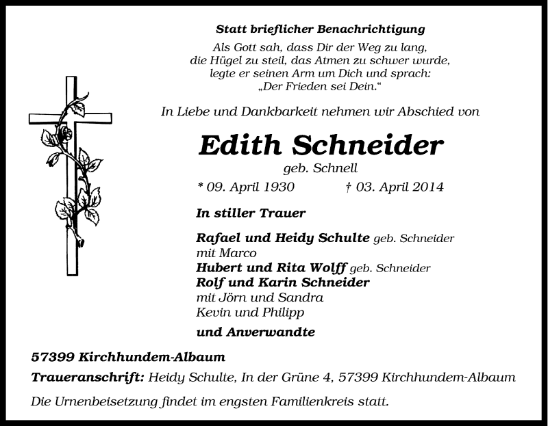  Traueranzeige für Edith Schneider vom 05.04.2014 aus Tageszeitung