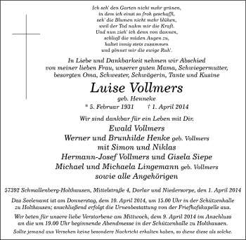 Traueranzeige von Luise Vollmers von Tageszeitung