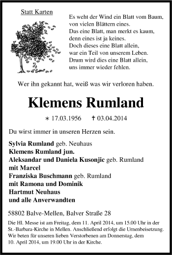 Traueranzeige von Klemens Rumland von Tageszeitung