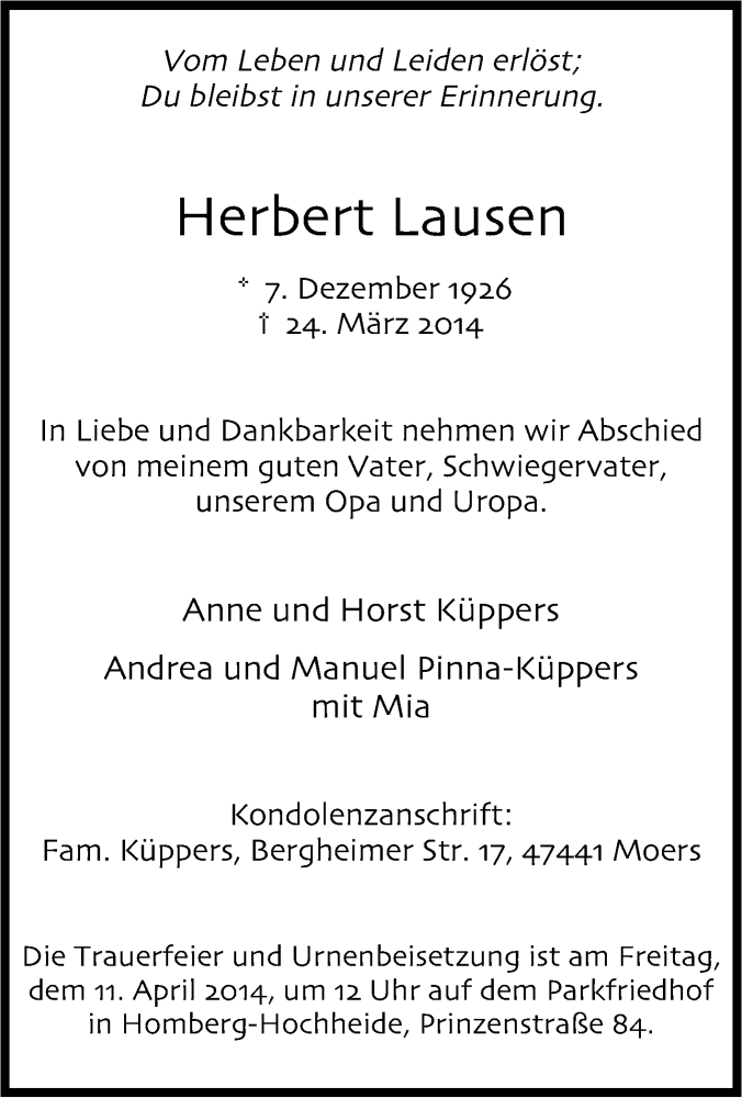  Traueranzeige für Herbert Lausen vom 07.04.2014 aus Tageszeitung