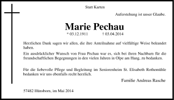 Traueranzeige von Marie Pechau von Tageszeitung