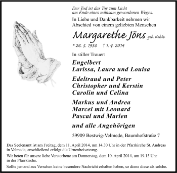 Traueranzeige von Margarethe Jöns von Tageszeitung