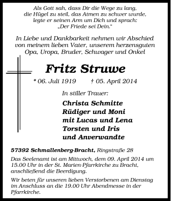 Traueranzeige von Fritz Struwe von Tageszeitung
