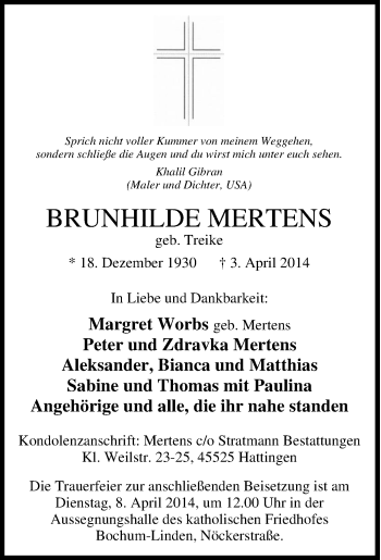 Traueranzeige von Brunhilde Mertens von Tageszeitung