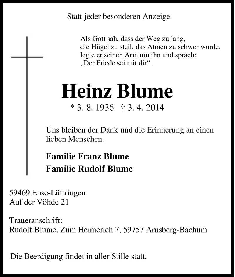  Traueranzeige für Heinz Blume vom 07.04.2014 aus Tageszeitung
