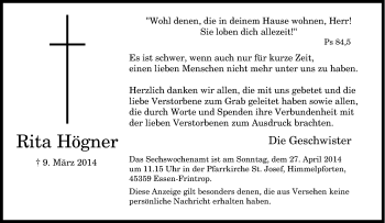 Traueranzeige von Rita Högner von Tageszeitung