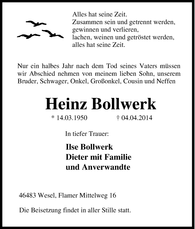  Traueranzeige für Heinz Bollwerk vom 08.04.2014 aus Tageszeitung