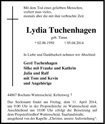Traueranzeige von Lydia Tuchenhagen von Tageszeitung