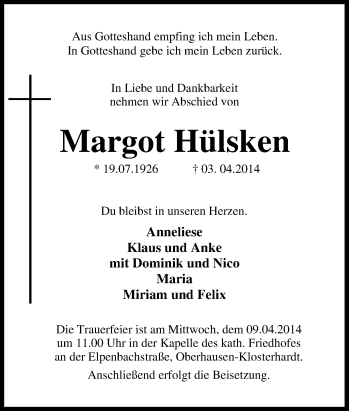 Traueranzeige von Margot Hülsken von Tageszeitung