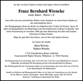 Traueranzeige von Franz Bernhard Wieneke von Tageszeitung