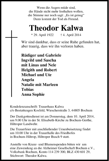 Traueranzeige von Theodor Kalwa von Tageszeitung
