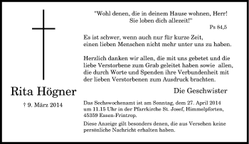 Traueranzeige von Rita Högner von Tageszeitung