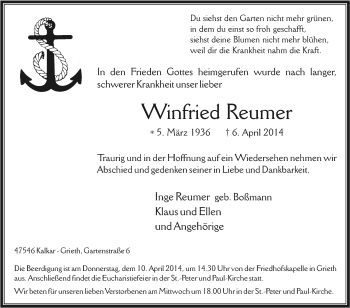 Traueranzeige von Winfried Reumer von Tageszeitung