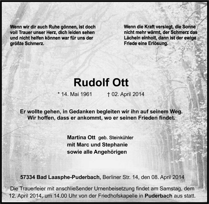  Traueranzeige für Rudolf Ott vom 08.04.2014 aus Tageszeitung