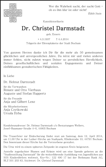 Traueranzeige von Christel Darmstadt von Tageszeitung