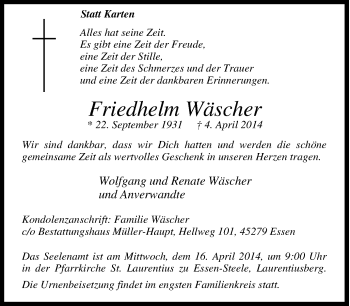 Traueranzeige von Friedhelm Wäscher von Tageszeitung