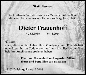Traueranzeige von Dieter Frauenhoff von Tageszeitung