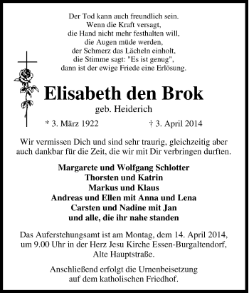 Traueranzeige von Elisabeth den Brok von Tageszeitung