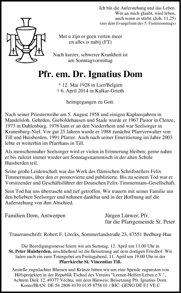  Traueranzeige für Ignatius Dom vom 08.04.2014 aus Tageszeitung