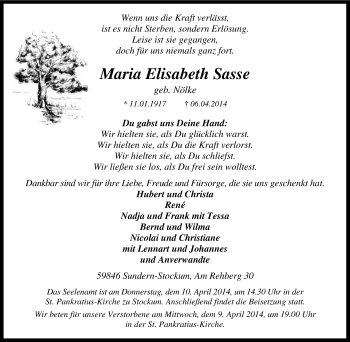 Traueranzeige von Maria Elisabeth Sasse von Tageszeitung