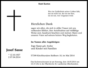 Traueranzeige von Josef Sasse von Tageszeitung