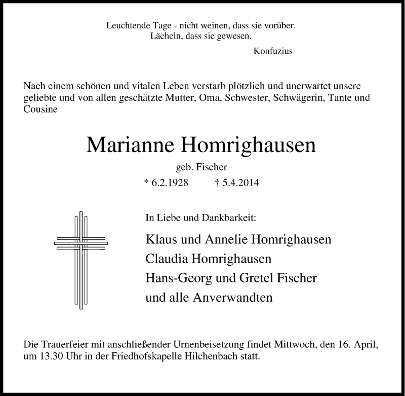  Traueranzeige für Marianne Homrighausen vom 09.04.2014 aus Tageszeitung