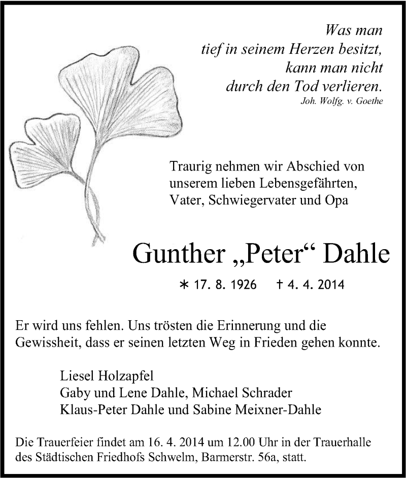  Traueranzeige für Gunther Dahle vom 12.04.2014 aus Tageszeitung