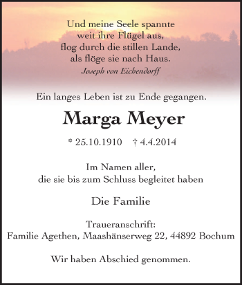 Traueranzeige von Marga Meyer von Tageszeitung