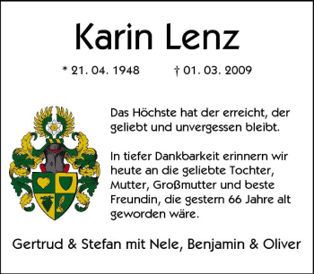 Traueranzeige von Karin Lenz von Tageszeitung