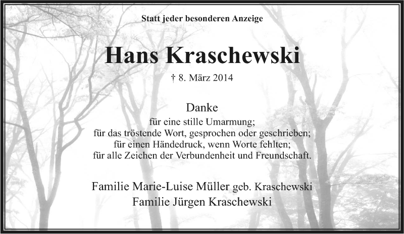  Traueranzeige für Hans Kraschewski vom 12.04.2014 aus Tageszeitung