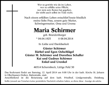 Traueranzeige von Maria Schirmer von Tageszeitung
