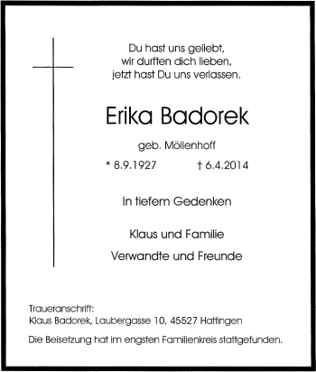 Traueranzeige von Erika Badorek von Tageszeitung