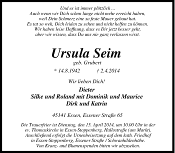 Traueranzeige von Ursula Seim von Tageszeitung