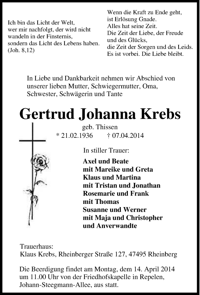 Traueranzeigen von Gertrud Johanna Krebs TrauerinNRW.de