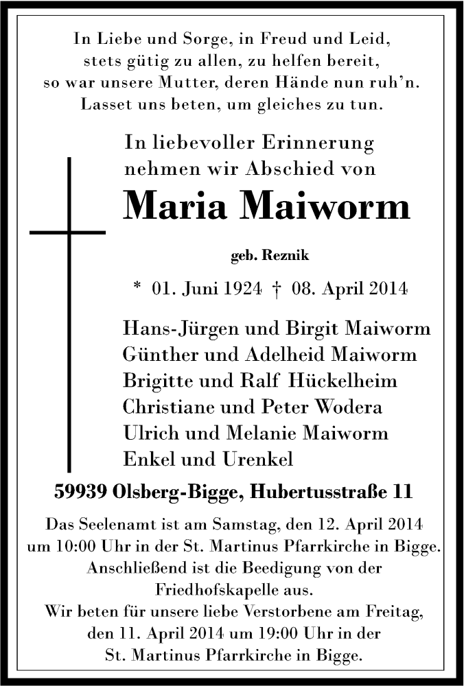  Traueranzeige für Maria Maiworm vom 10.04.2014 aus Tageszeitung