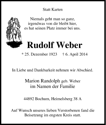 Traueranzeige von Rudolf Weber von Tageszeitung