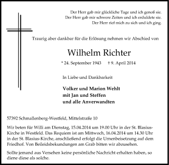 Traueranzeige von Wilhelm Richter von Tageszeitung