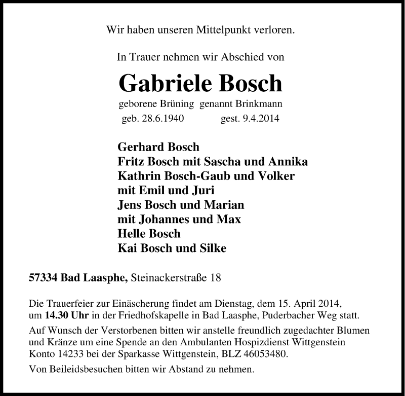  Traueranzeige für Gabriele Bosch vom 11.04.2014 aus Tageszeitung