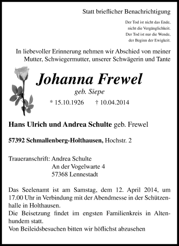 Traueranzeige von Johanna Frewel von Tageszeitung