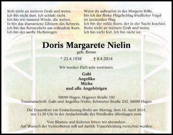 Traueranzeige von Doris Margarete Nielin von Tageszeitung
