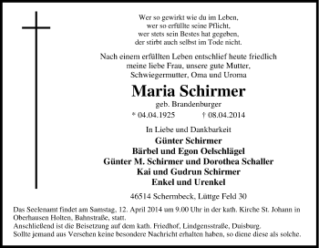 Traueranzeige von Maria Schirmer von Tageszeitung