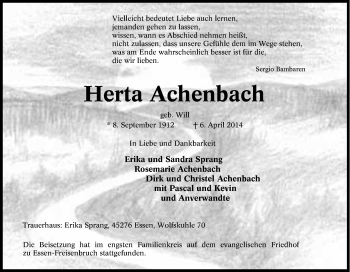 Traueranzeige von Herta Achenbach von Tageszeitung