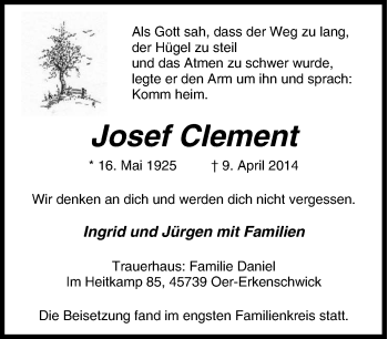 Traueranzeige von Josef Clement von Tageszeitung