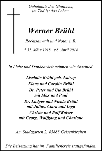 Traueranzeige von Werner Brühl von Tageszeitung
