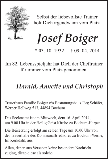 Traueranzeige von Josef Boiger von Tageszeitung