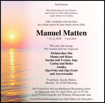 Traueranzeige von Manuel Matten von Tageszeitung