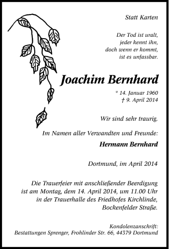 Traueranzeige von Joachim Bernhard von Tageszeitung