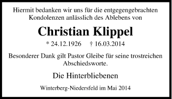 Traueranzeige von Christian Klippel von Tageszeitung