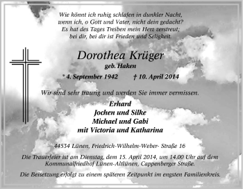 Traueranzeige von Dorothea Krüger von Tageszeitung