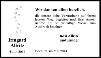 Traueranzeige von Irmgard Allritz von Tageszeitung